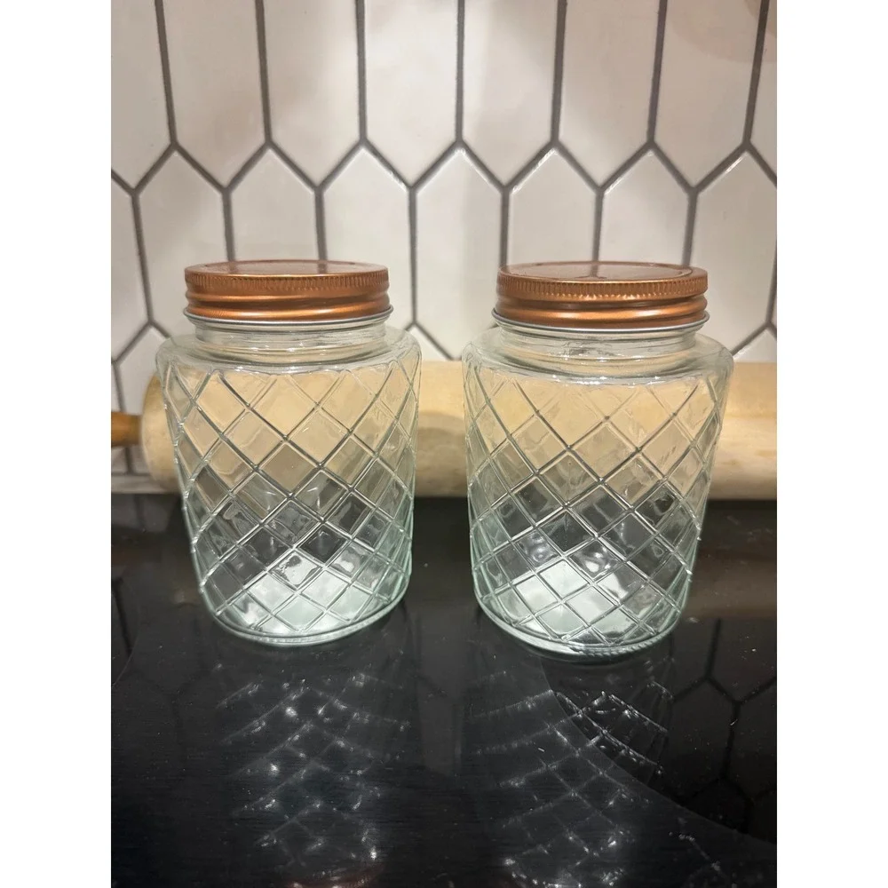 Set of 2 Diamond Textured Glass Jars with Copper Lids 5.5 Inch Storage Canisters